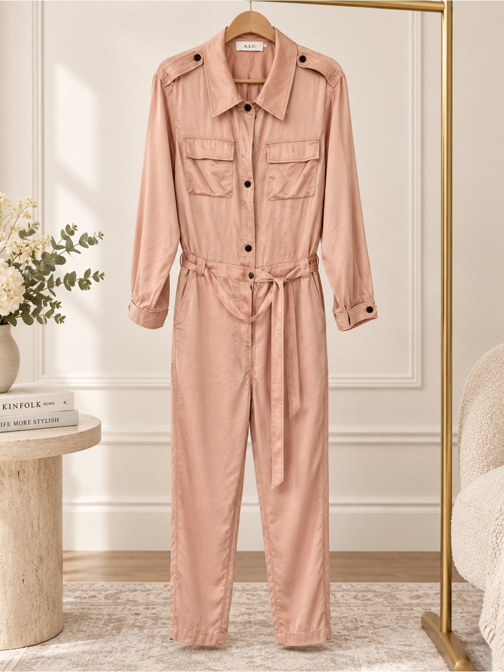 A.L.C. Jeter Silk Cotton Utility Jumpsuit Blush Pink XL
